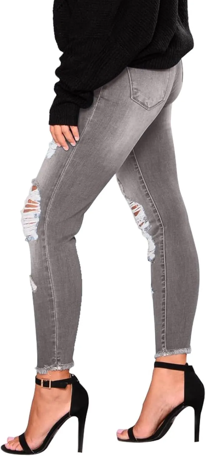 Women's Ripped Jeans Stretch Skinny Jean Trendy Straight Leg Jeans with Holes