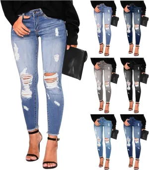 Women's Ripped Jeans Stretch Skinny Jean Trendy Straight Leg Jeans with Holes