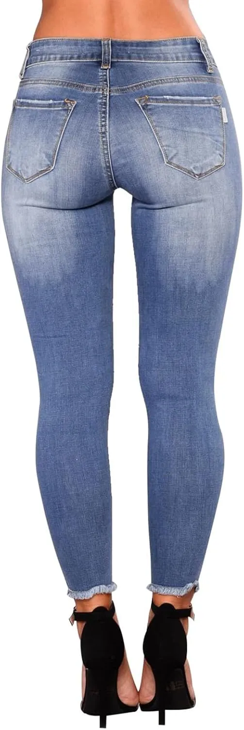Women's Ripped Jeans Stretch Skinny Jean Trendy Straight Leg Jeans with Holes