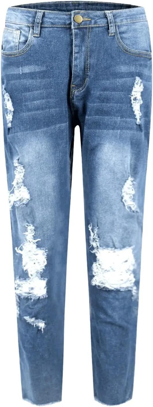 Women's Ripped Jeans Stretch Skinny Jean Trendy Straight Leg Jeans with Holes
