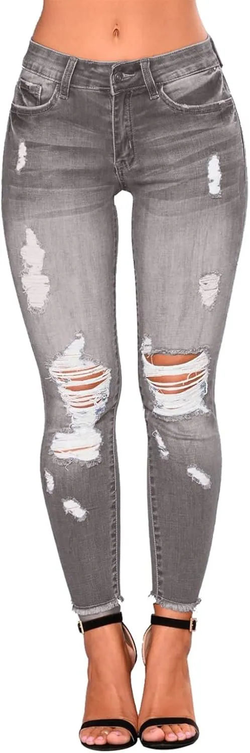 Women's Ripped Jeans Stretch Skinny Jean Trendy Straight Leg Jeans with Holes