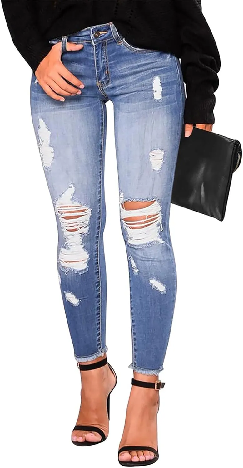 Women's Ripped Jeans Stretch Skinny Jean Trendy Straight Leg Jeans with Holes