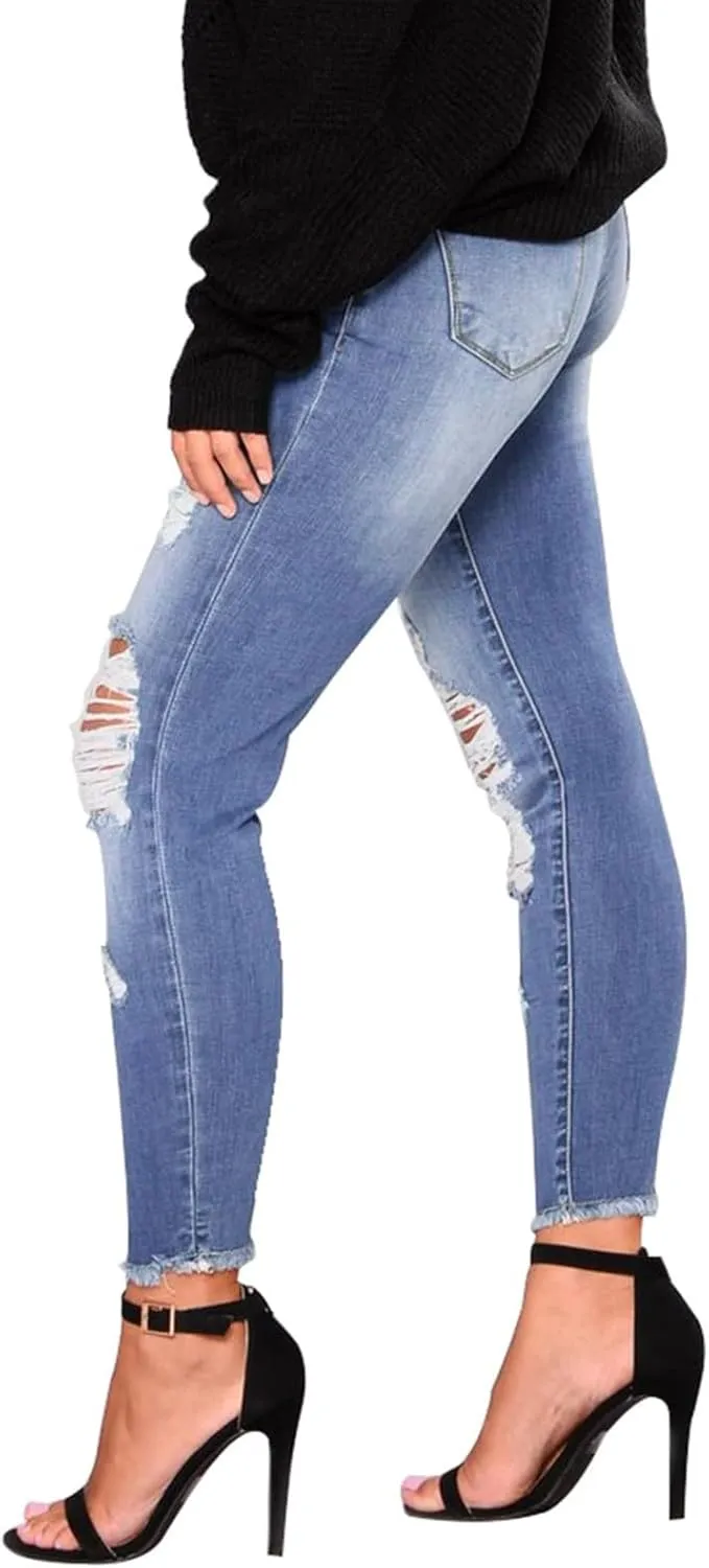 Women's Ripped Jeans Stretch Skinny Jean Trendy Straight Leg Jeans with Holes