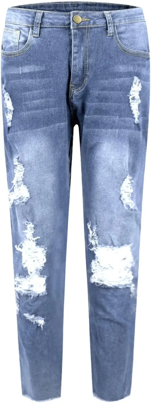 Women's Ripped Jeans Stretch Skinny Jean Trendy Straight Leg Jeans with Holes