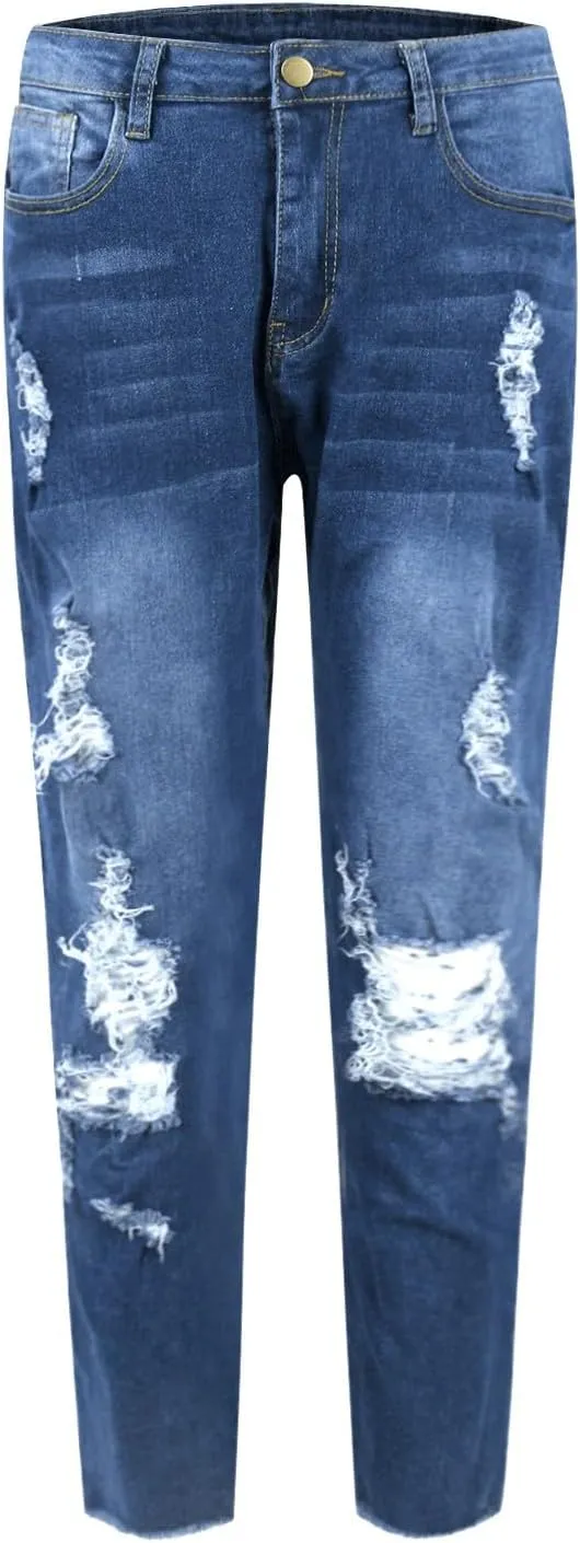 Women's Ripped Jeans Stretch Skinny Jean Trendy Straight Leg Jeans with Holes