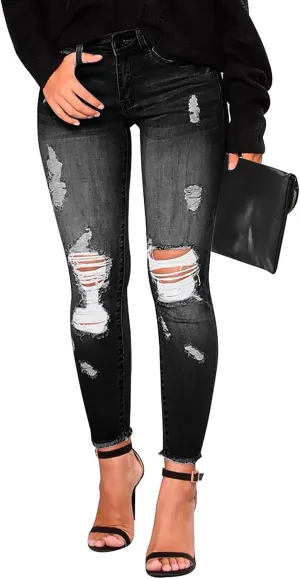Women's Ripped Jeans Stretch Skinny Jean Trendy Straight Leg Jeans with Holes
