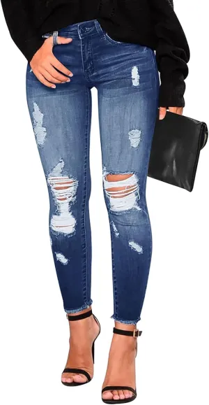 Women's Ripped Jeans Stretch Skinny Jean Trendy Straight Leg Jeans with Holes