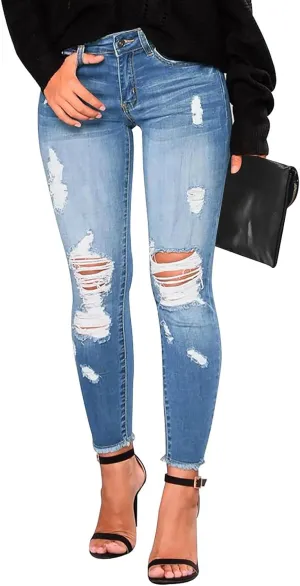 Women's Ripped Jeans Stretch Skinny Jean Trendy Straight Leg Jeans with Holes