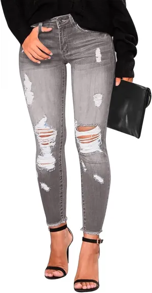 Women's Ripped Jeans Stretch Skinny Jean Trendy Straight Leg Jeans with Holes