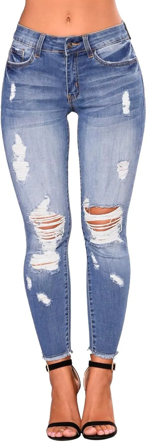 Women's Ripped Jeans Stretch Skinny Jean Trendy Straight Leg Jeans with Holes