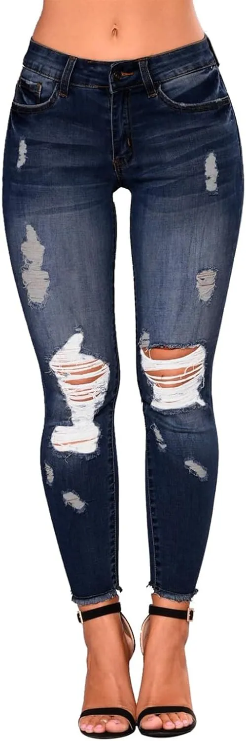 Women's Ripped Jeans Stretch Skinny Jean Trendy Straight Leg Jeans with Holes
