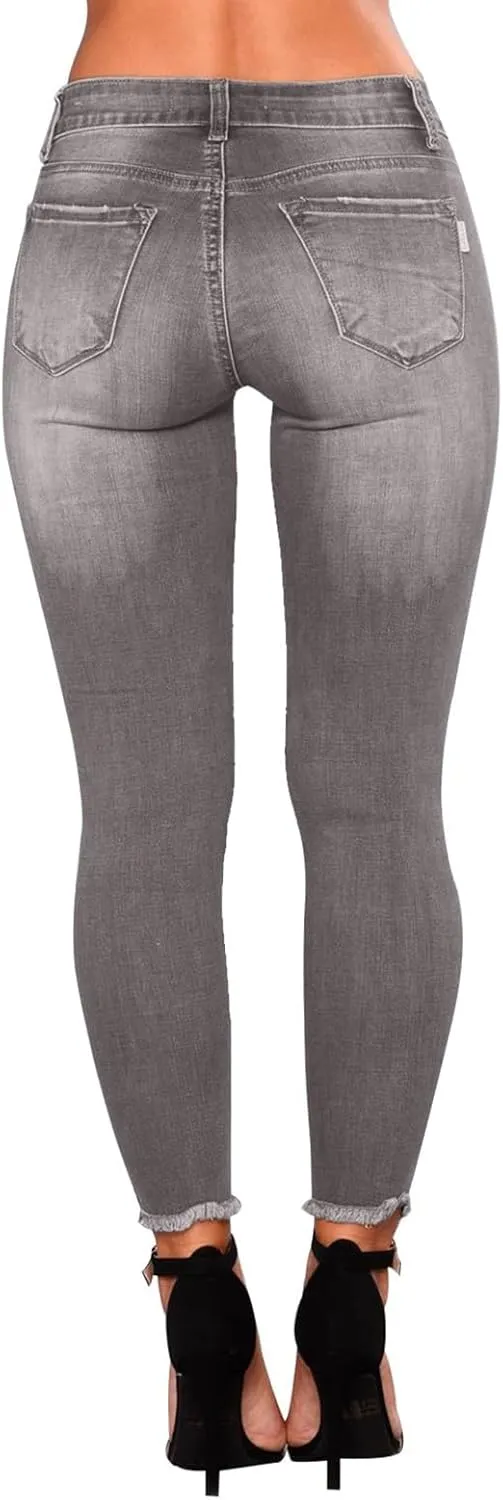Women's Ripped Jeans Stretch Skinny Jean Trendy Straight Leg Jeans with Holes