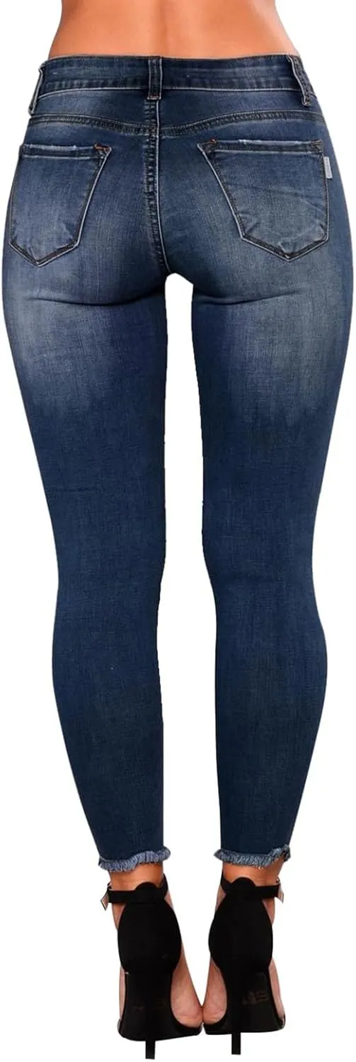 Women's Ripped Jeans Stretch Skinny Jean Trendy Straight Leg Jeans with Holes