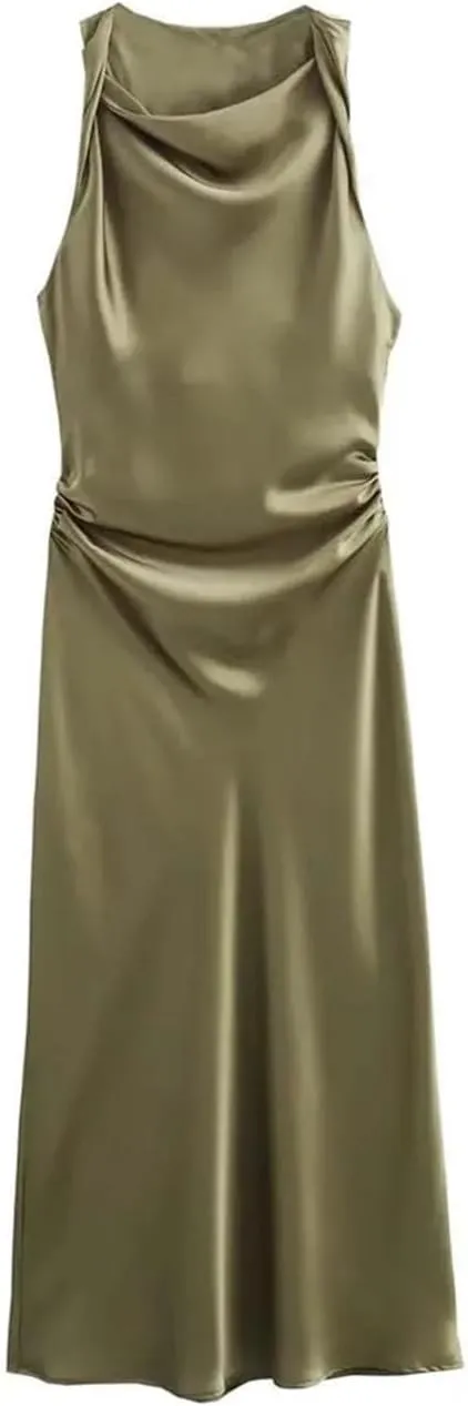 Women's Sexy Sleeveless Evening Dress Satin Slip Midi Dress