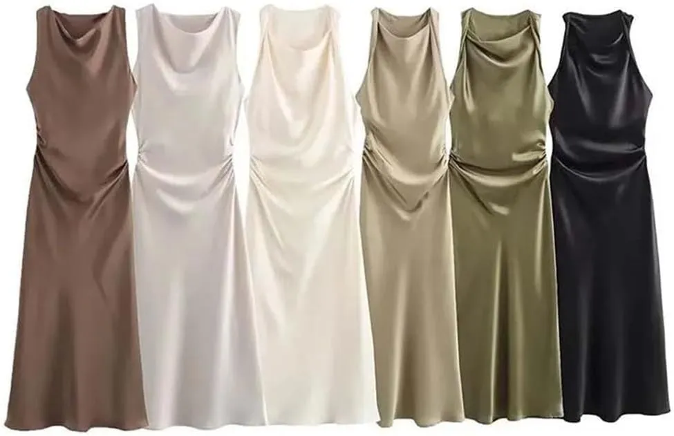 Women's Sexy Sleeveless Evening Dress Satin Slip Midi Dress