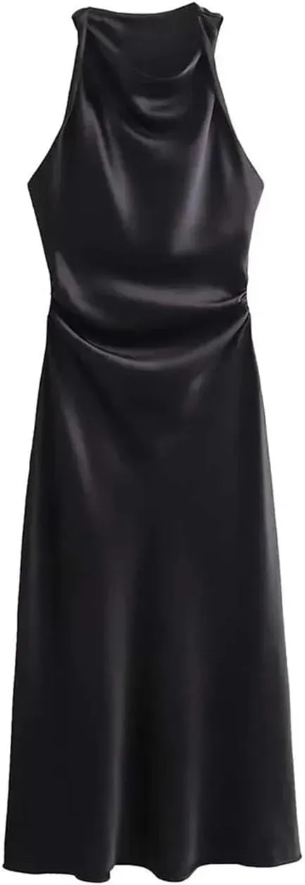 Women's Sexy Sleeveless Evening Dress Satin Slip Midi Dress