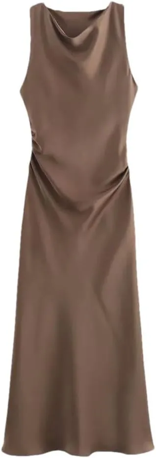 Women's Sexy Sleeveless Evening Dress Satin Slip Midi Dress