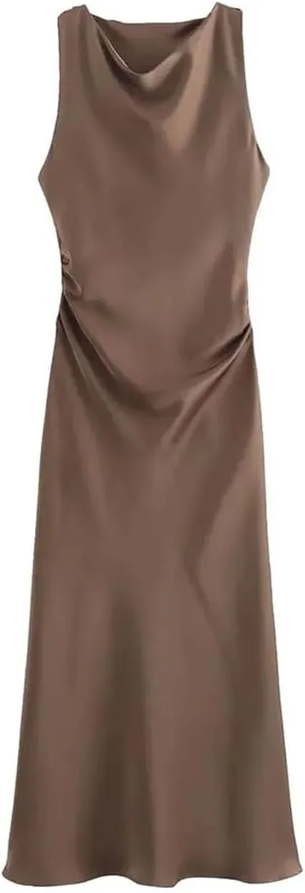 Women's Sexy Sleeveless Evening Dress Satin Slip Midi Dress