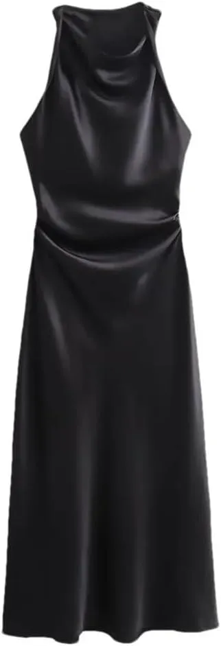 Women's Sexy Sleeveless Evening Dress Satin Slip Midi Dress
