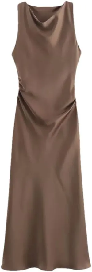 Women's Sexy Sleeveless Evening Dress Satin Slip Midi Dress