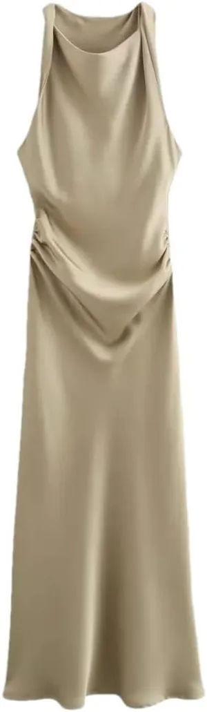 Women's Sexy Sleeveless Evening Dress Satin Slip Midi Dress