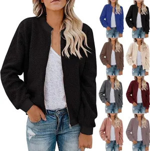 Women's Sherpa Fleece Jacket Faux Fuzzy Long Sleeve Casual Zip up Bomber Coat Winter Fuzzy Casual Zip up Coat Pocket