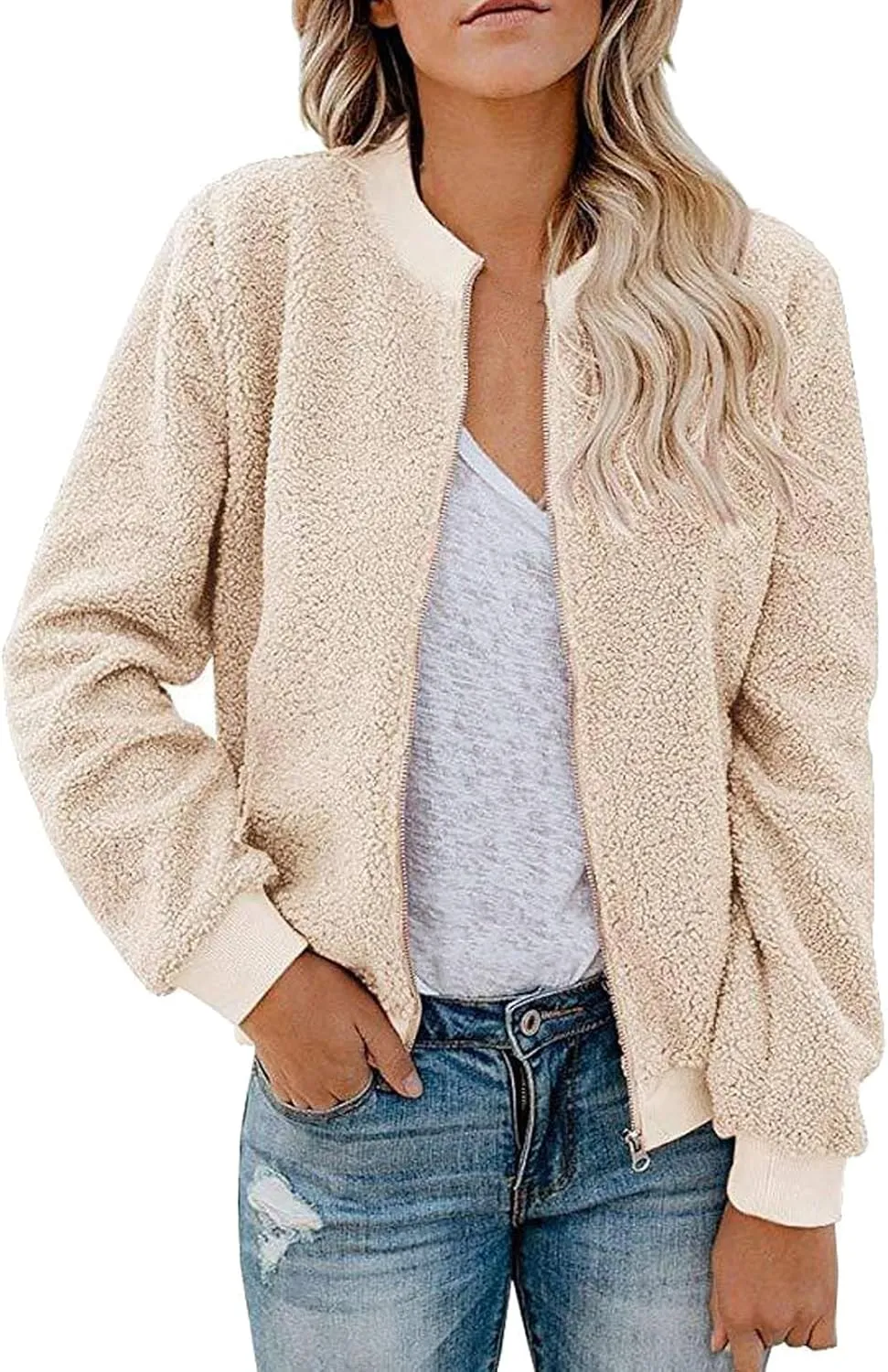 Women's Sherpa Fleece Jacket Faux Fuzzy Long Sleeve Casual Zip up Bomber Coat Winter Fuzzy Casual Zip up Coat Pocket