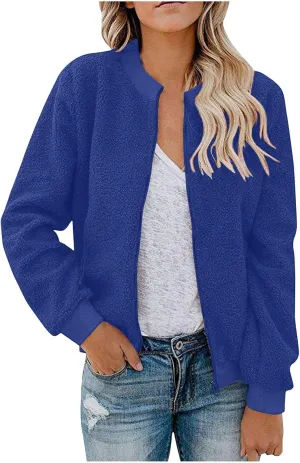Women's Sherpa Fleece Jacket Faux Fuzzy Long Sleeve Casual Zip up Bomber Coat Winter Fuzzy Casual Zip up Coat Pocket