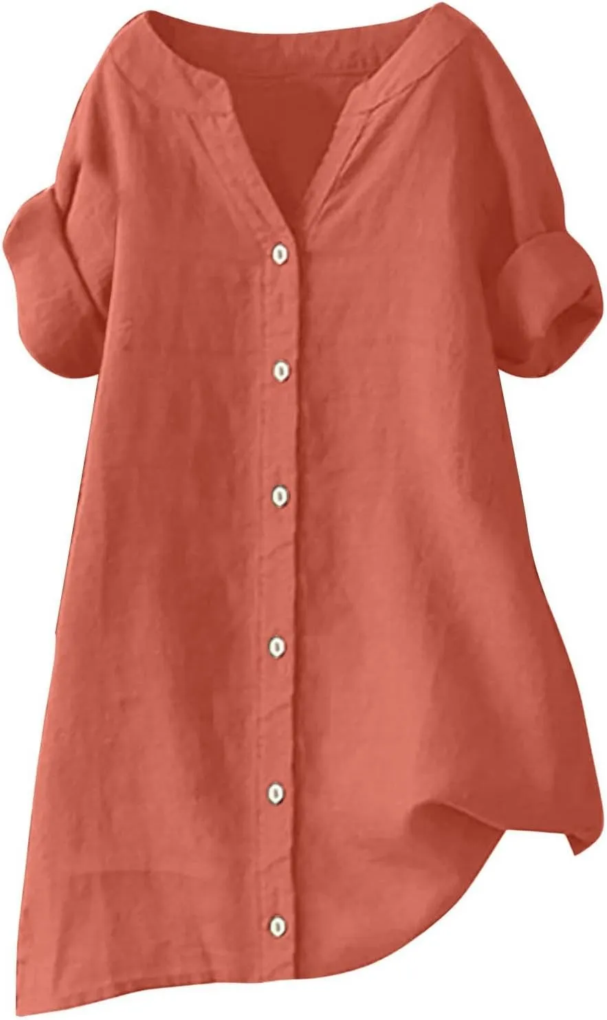 Women's Short Sleeve Linen Shirts Casual Crew Neck Beach T-Shirts Collared Button Down Loose Summer Tshirts