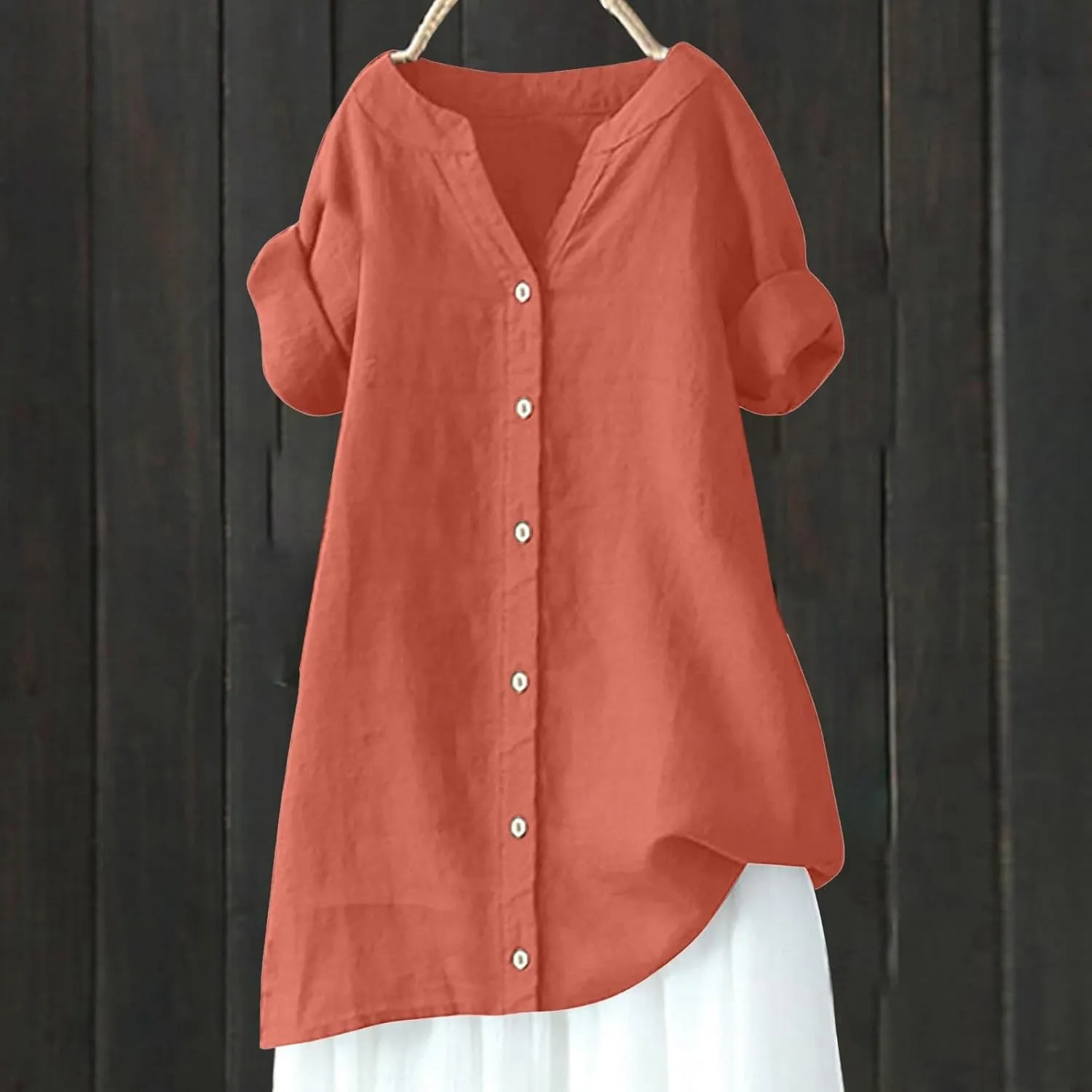 Women's Short Sleeve Linen Shirts Casual Crew Neck Beach T-Shirts Collared Button Down Loose Summer Tshirts