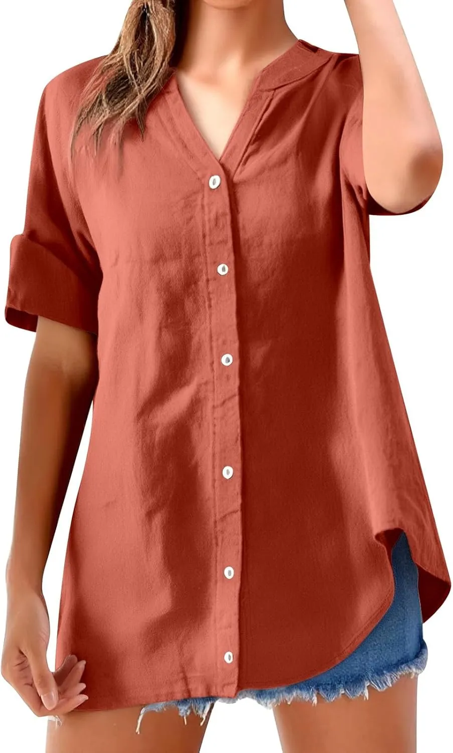 Women's Short Sleeve Linen Shirts Casual Crew Neck Beach T-Shirts Collared Button Down Loose Summer Tshirts