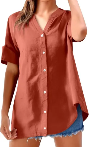 Women's Short Sleeve Linen Shirts Casual Crew Neck Beach T-Shirts Collared Button Down Loose Summer Tshirts