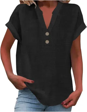 Womens Short Sleeve Linen Shirts Summer Casual Cotton Gauzy Tops Trendy Button V Neck Tunic Work Blouses Loose Fit