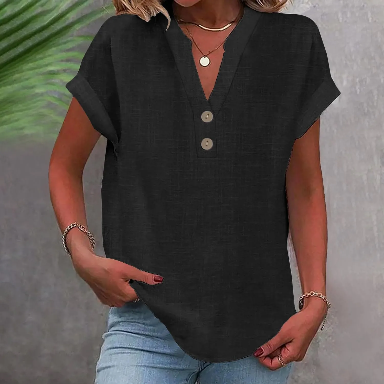 Womens Short Sleeve Linen Shirts Summer Casual Cotton Gauzy Tops Trendy Button V Neck Tunic Work Blouses Loose Fit