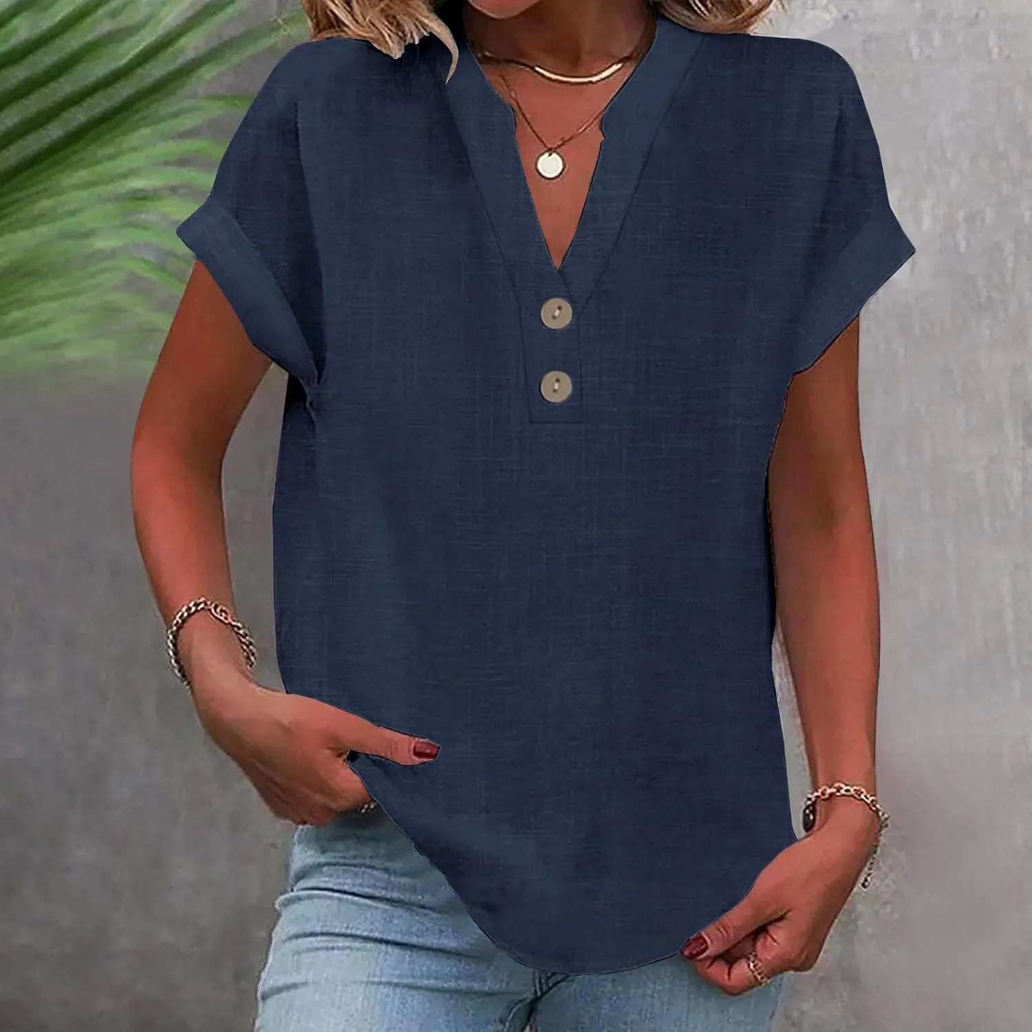 Womens Short Sleeve Linen Shirts Summer Casual Cotton Gauzy Tops Trendy Button V Neck Tunic Work Blouses Loose Fit