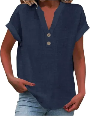 Womens Short Sleeve Linen Shirts Summer Casual Cotton Gauzy Tops Trendy Button V Neck Tunic Work Blouses Loose Fit