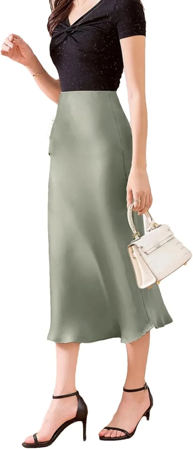 Women's Silk Satin Maxi Skirts High Waist Elastic Pull-On A Line Long Slim Skirt