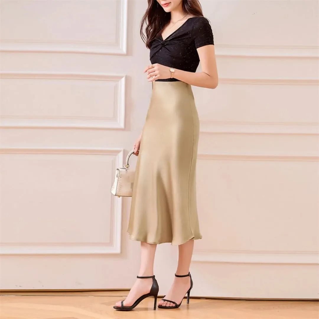 Women's Silk Satin Maxi Skirts High Waist Elastic Pull-On A Line Long Slim Skirt