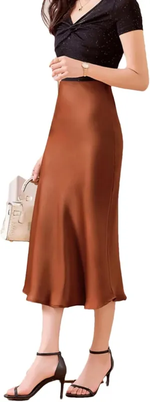 Women's Silk Satin Maxi Skirts High Waist Elastic Pull-On A Line Long Slim Skirt