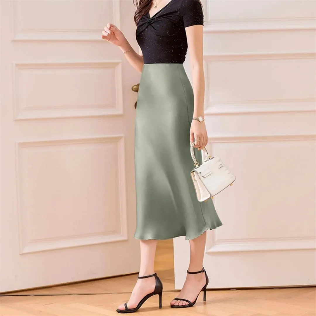Women's Silk Satin Maxi Skirts High Waist Elastic Pull-On A Line Long Slim Skirt