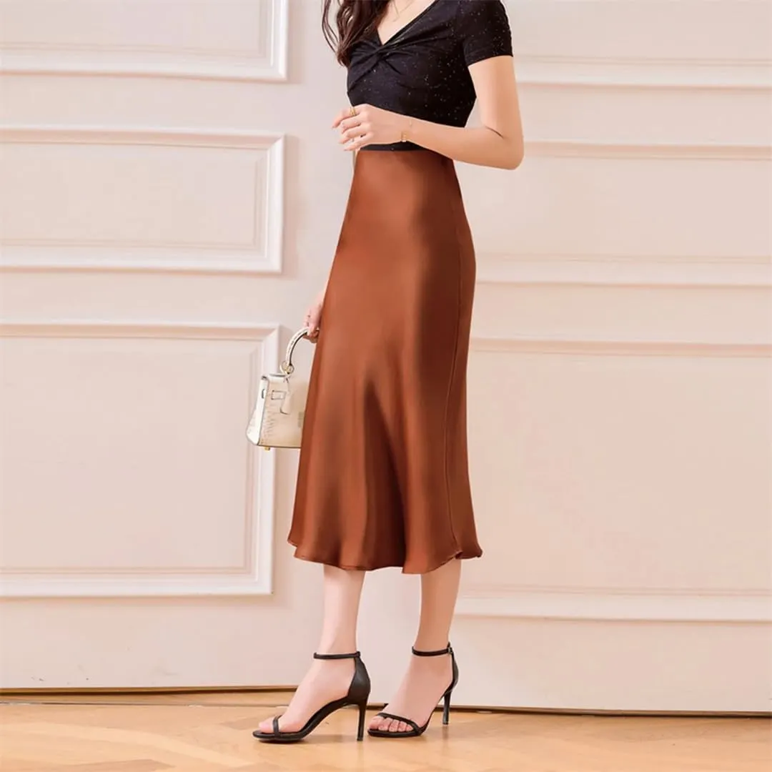 Women's Silk Satin Maxi Skirts High Waist Elastic Pull-On A Line Long Slim Skirt