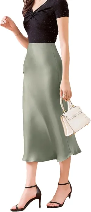 Women's Silk Satin Maxi Skirts High Waist Elastic Pull-On A Line Long Slim Skirt