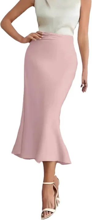 Women's Silk Satin Maxi Skirts High Waist Elastic Pull-On A Line Long Slim Skirt