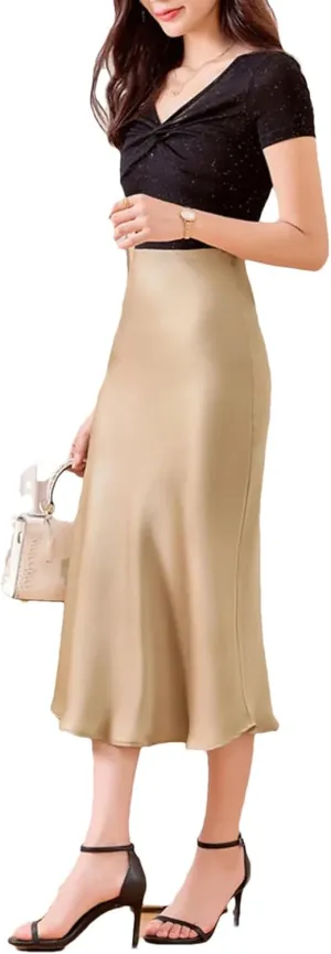 Women's Silk Satin Maxi Skirts High Waist Elastic Pull-On A Line Long Slim Skirt