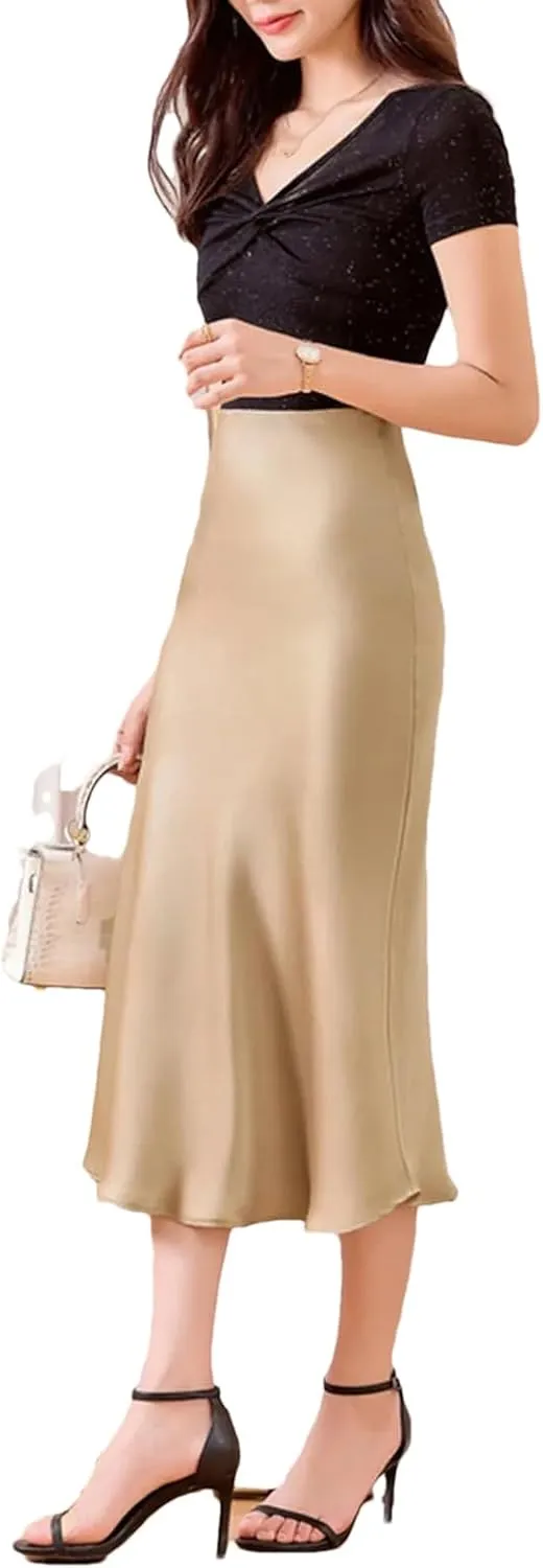 Women's Silk Satin Maxi Skirts High Waist Elastic Pull-On A Line Long Slim Skirt