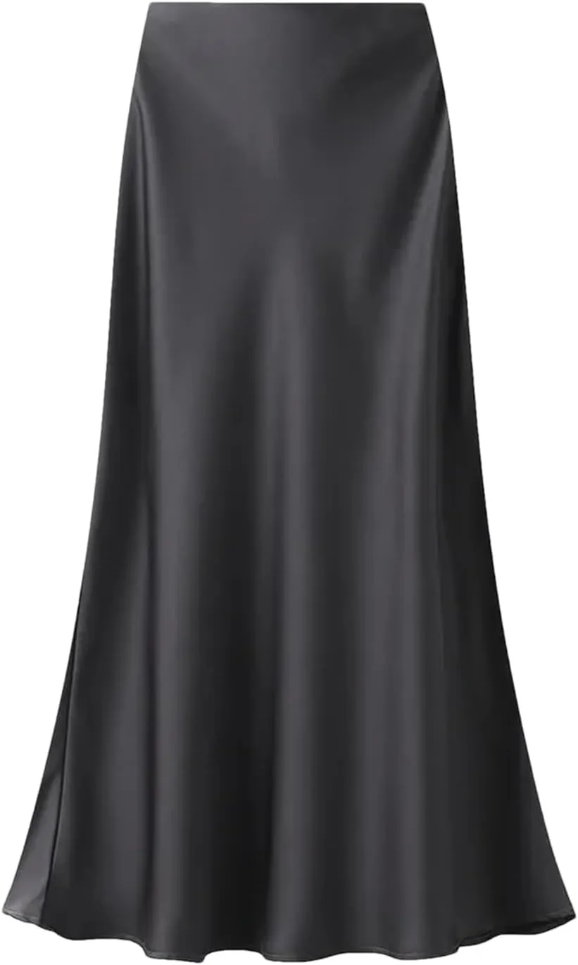 Women's Silk Satin Midi Skirts High Waist Elastic Vintage Maxi Skirts Loose A Line Skirt