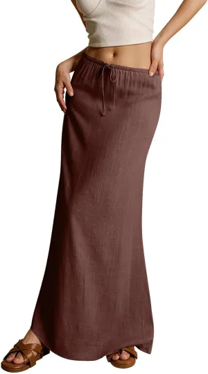 Womens Skirts Beach Long Flowy Skirts Plus Size Linen Maxi Skirt with Slit Comfy Drawstring Low Rise Summer