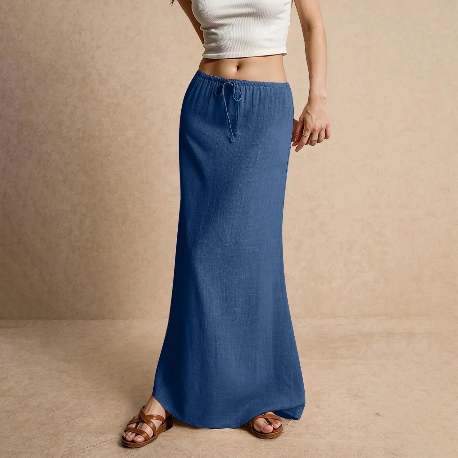 Womens Skirts Beach Long Flowy Skirts Plus Size Linen Maxi Skirt with Slit Comfy Drawstring Low Rise Summer