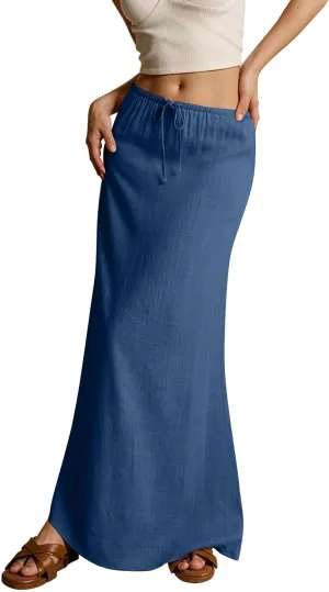 Womens Skirts Beach Long Flowy Skirts Plus Size Linen Maxi Skirt with Slit Comfy Drawstring Low Rise Summer