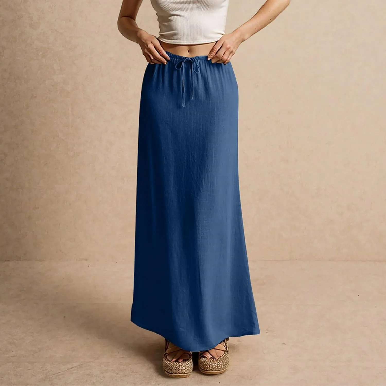 Womens Skirts Beach Long Flowy Skirts Plus Size Linen Maxi Skirt with Slit Comfy Drawstring Low Rise Summer